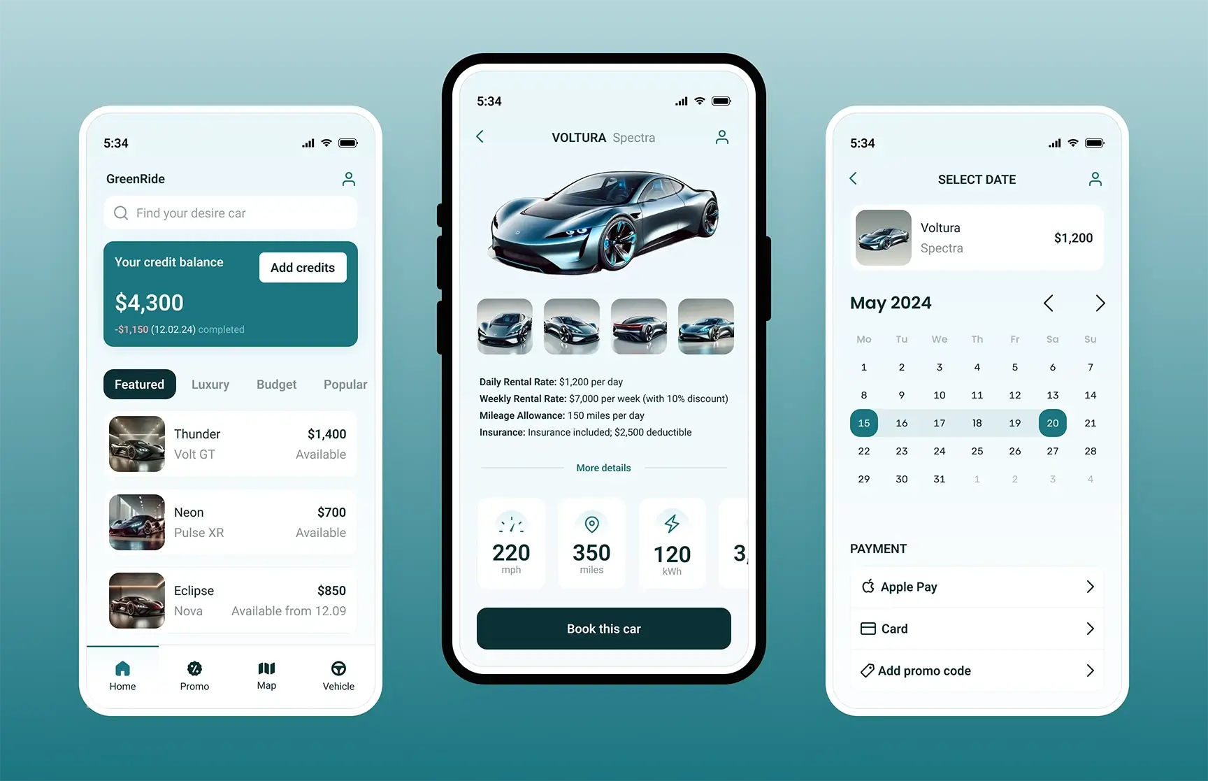 Green Ride app design showcasing electric vehicle rental platform