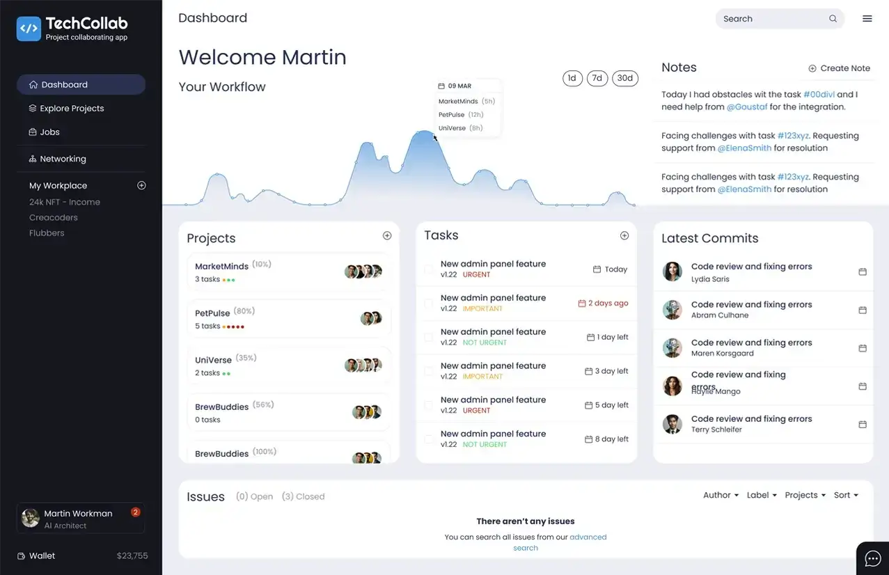 UX/UI design for a collaboration dashboard app, showcasing intuitive navigation and streamlined team workflows.