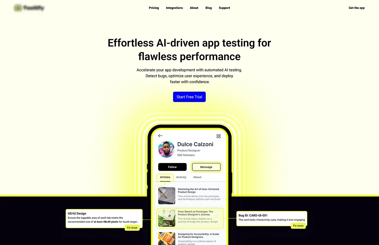 Testify landing page design for an AI testing app, featuring a user-friendly layout and modern visuals